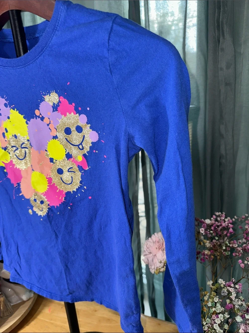 Girls' Blue Long-Sleeve Smile Heart Graphic Tee